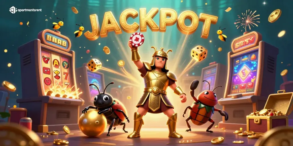 Permainan menang dengan apartmentsrent, jackpot berlian terbang dan karakter lucu di latar kasino.