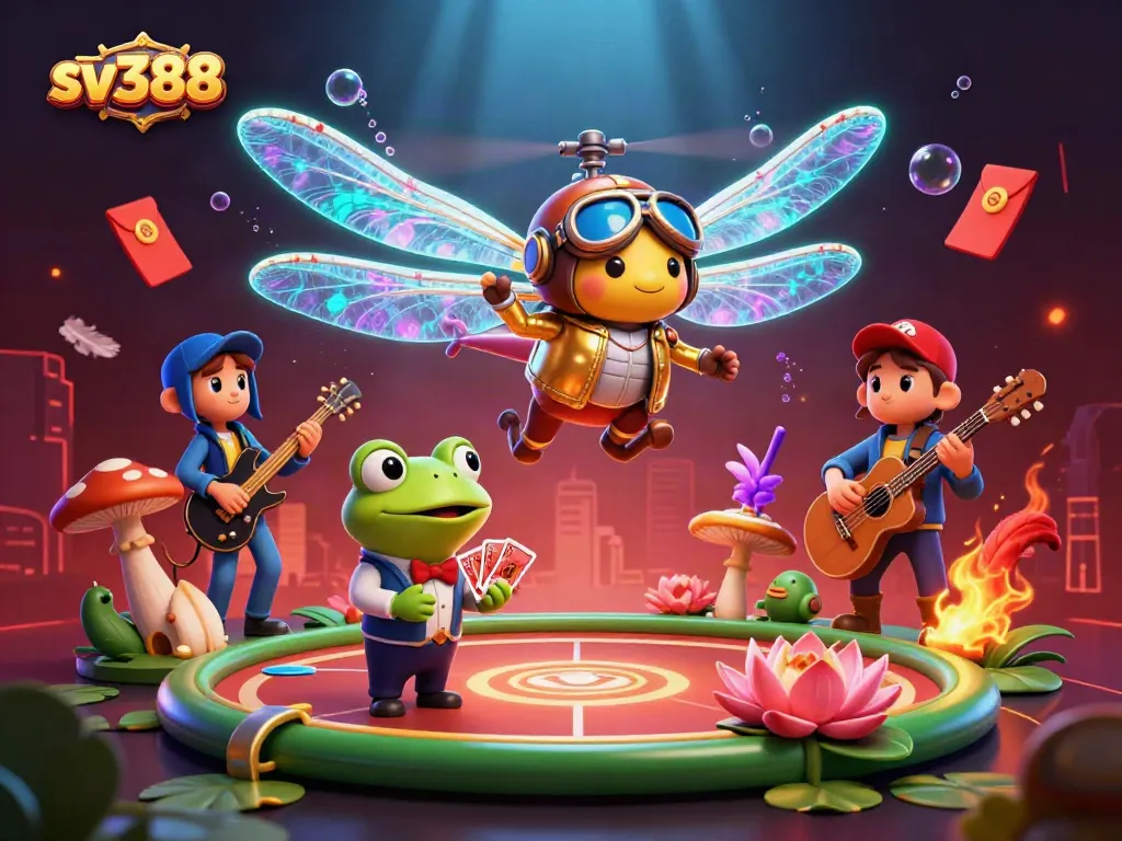 Experience thrilling moments at SV388 with a vibrant, lively illustration of online cockfighting and gaming.