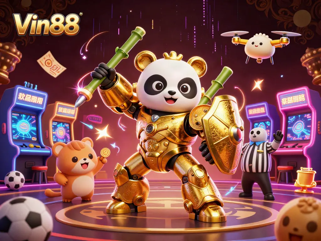 Engage with Vin88 as you explore a dynamic gaming arena filled with vibrant casino elements and cheering fans.