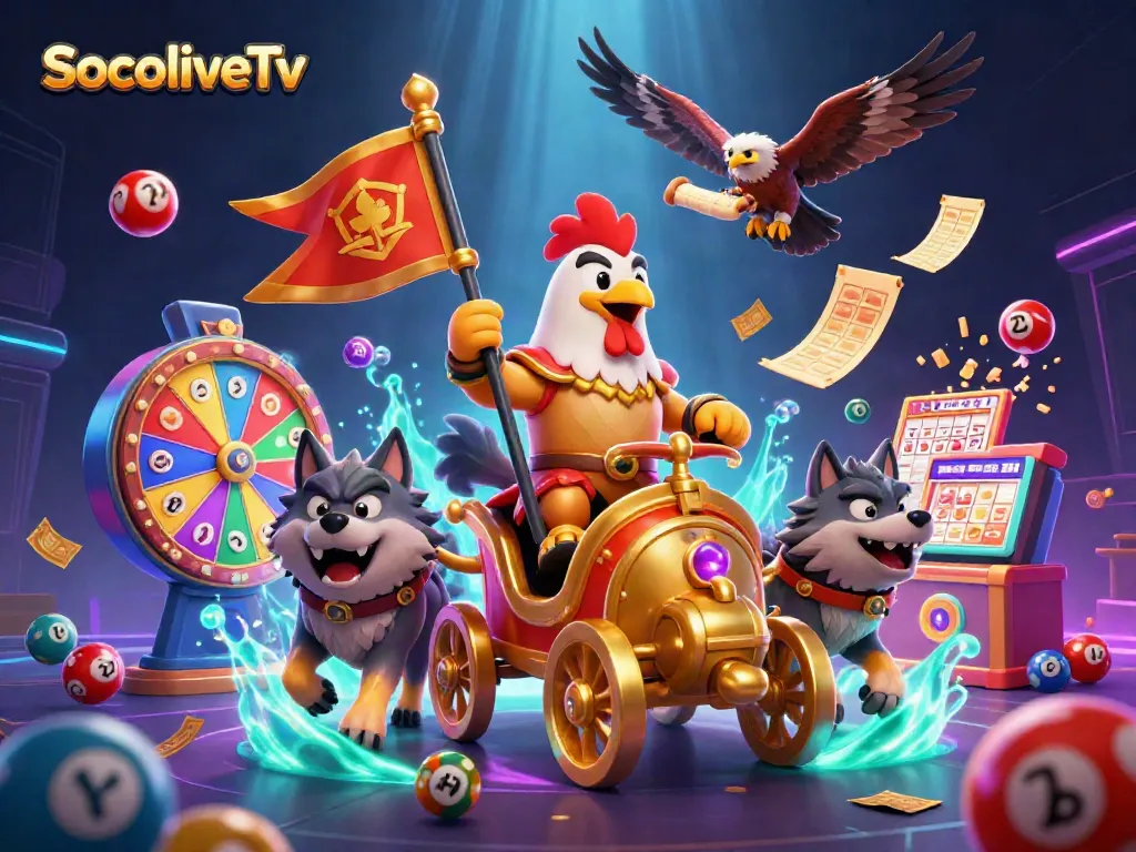 SocoliveTv showcases an engaging 3D illustration of a rooster warlord in a dynamic gambling scene.