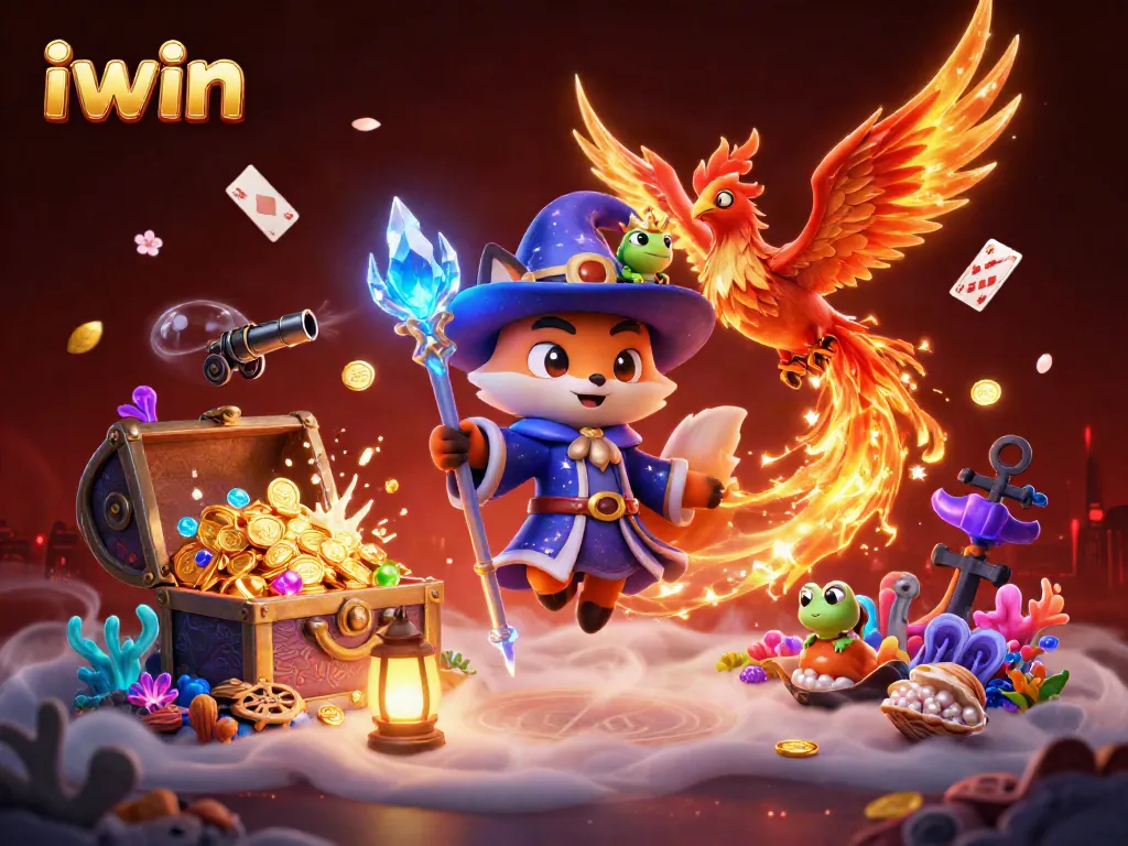 iwin showcases a mystical 3D fox wizard in a vibrant casino scene filled with gold and gaming elements.