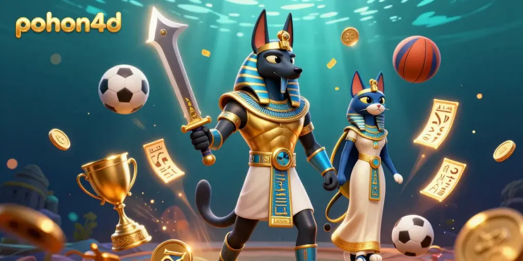 Experience the thrill of pohon4d with Anubis and Bastet in a vivid gaming scene filled with sports elements.