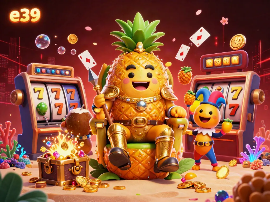 Engage with the vibrant e39 casino atmosphere, where a golden pineapple king reigns amidst dynamic casino elements.