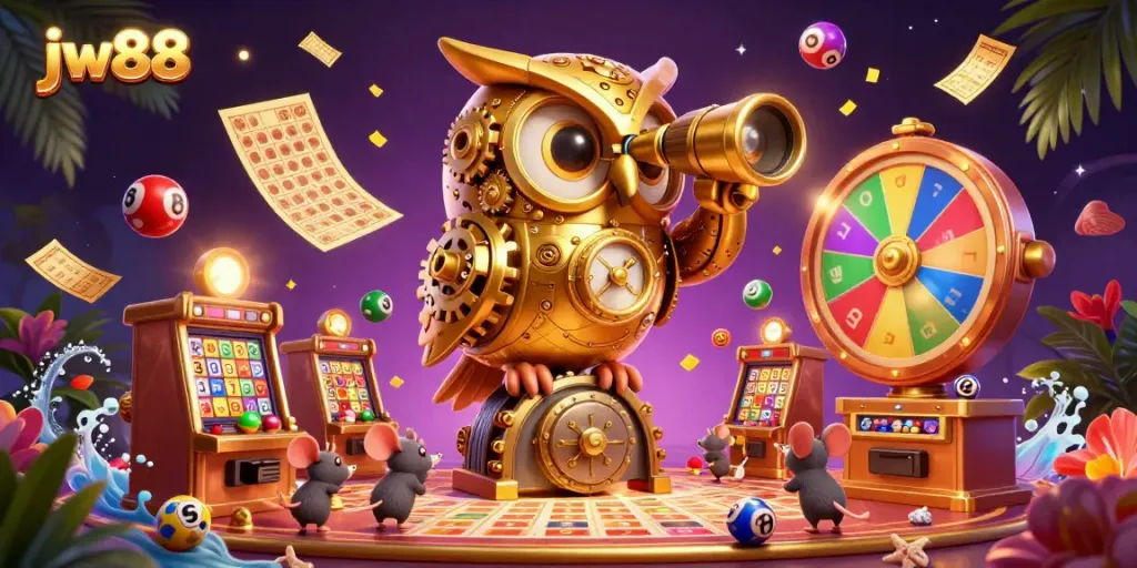 Experience the thrilling jw88 casino atmosphere with a dynamic 3D owl overseeing a vibrant gaming floor.