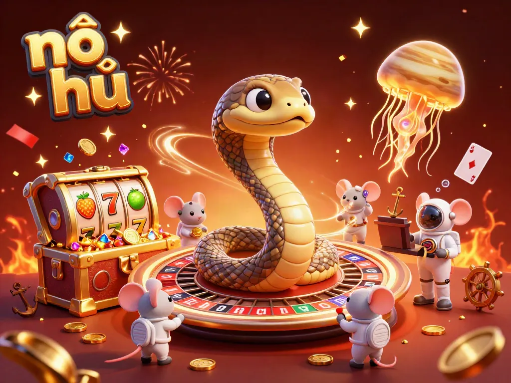 Engaging scene of nổ hũ gameplay with a coiled Saturn ring snake and space mice betting on a roulette-like wheel, surrounded by slot reels, coins, and festive effects.