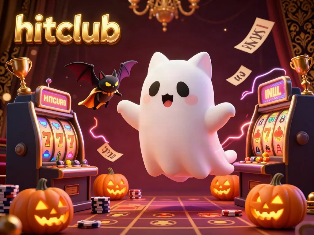 Engage with hitclub at this lively haunted casino scene featuring a ghost cat, poker-themed pumpkins, and dynamic game elements.