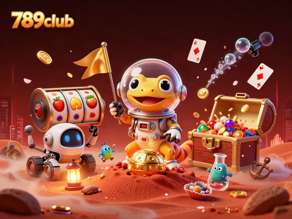 Experience thrilling gameplay at 789club with vibrant slot reels and a Martian gecko discovery