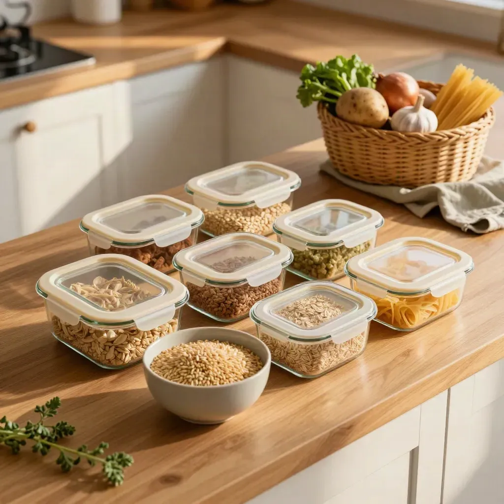 Widok z góry na meal prep: pojemniki, warzywa i kosz produktów na jasnym drewnie.