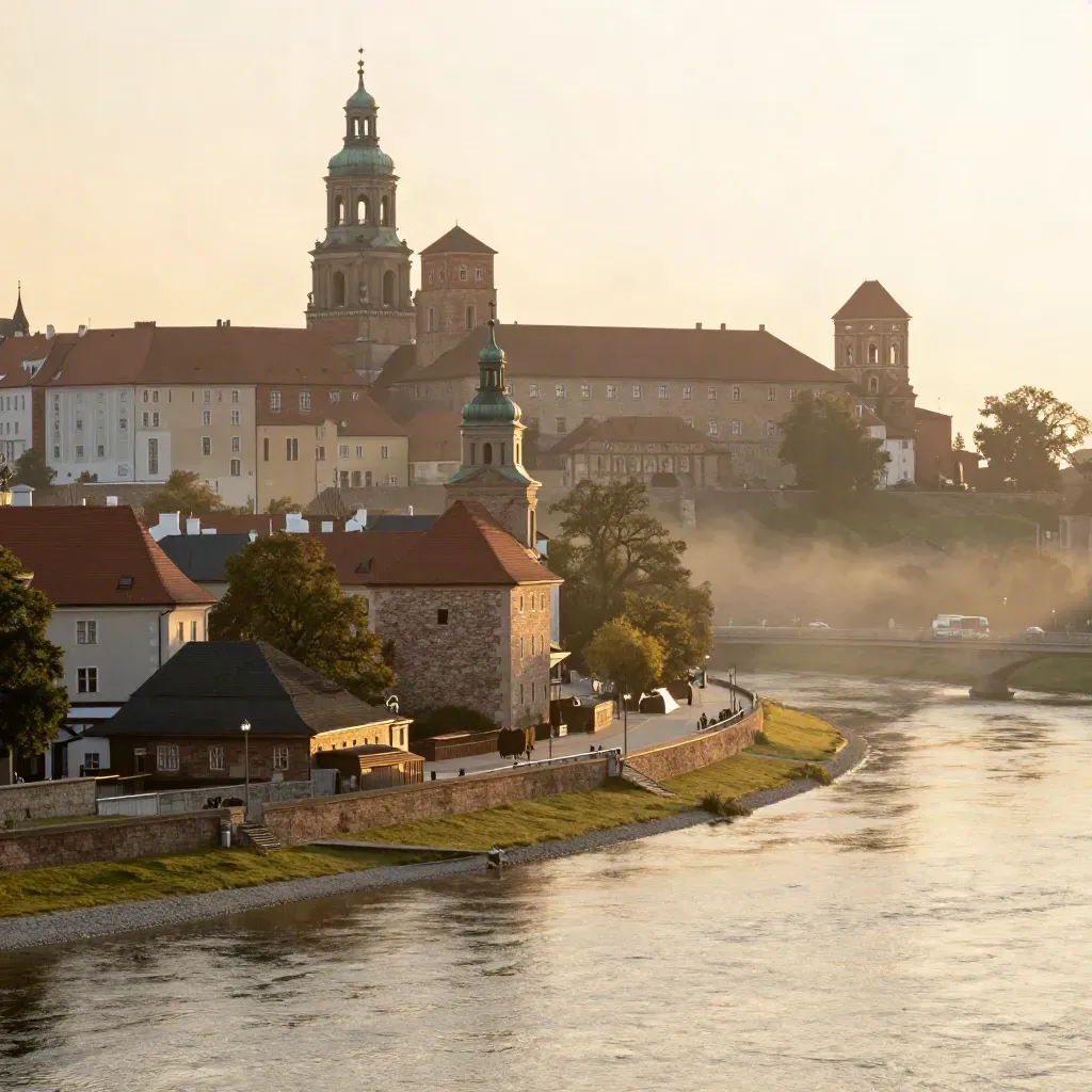 Wawel i stare dachy Krakowa nad zakolem Wisły w złotej mgle o świcie