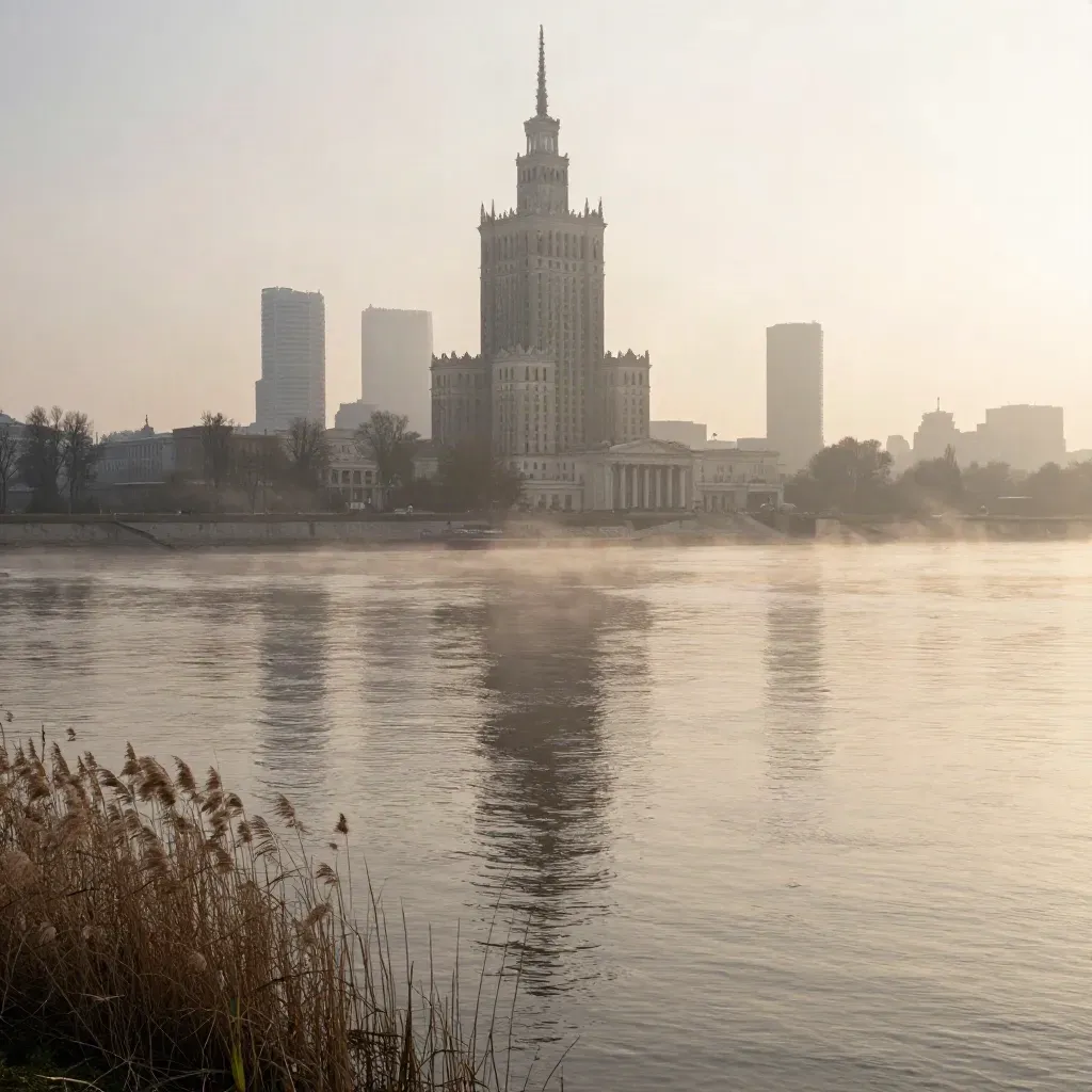 Warszawska panorama o świcie z Pałacem Kultury nad mglistą Wisłą