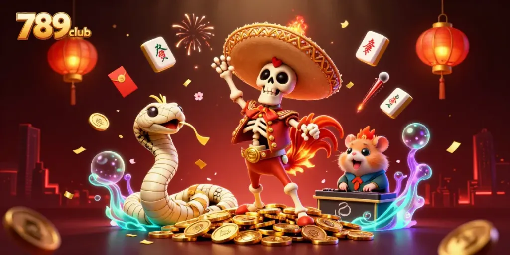Experience exciting wins on 789club with a vibrant casino-themed scene showcasing the skeleton mariachi, mummy snake, and DJ hamster.