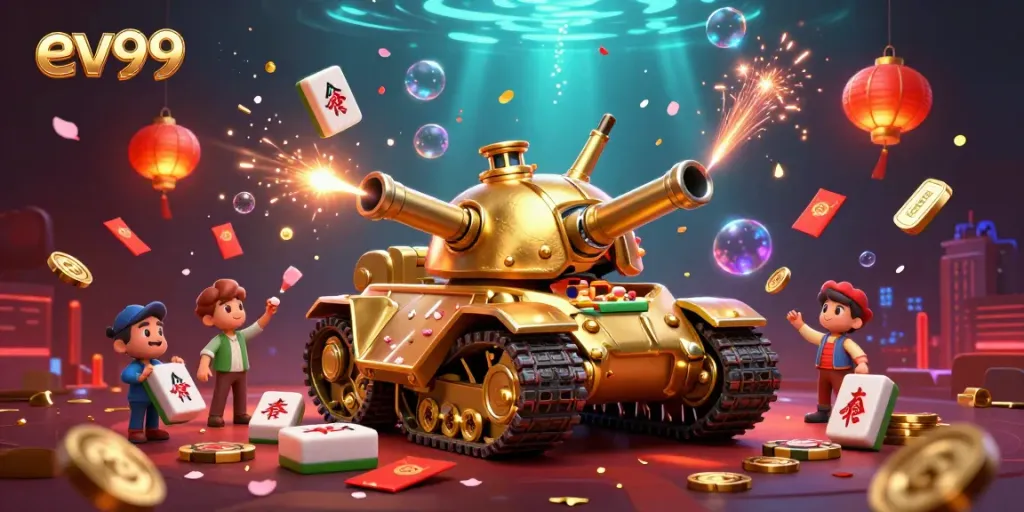 Experience the vibrant action of ev99 with a dynamic golden beetle tank casino illustration, celebrating online gaming.