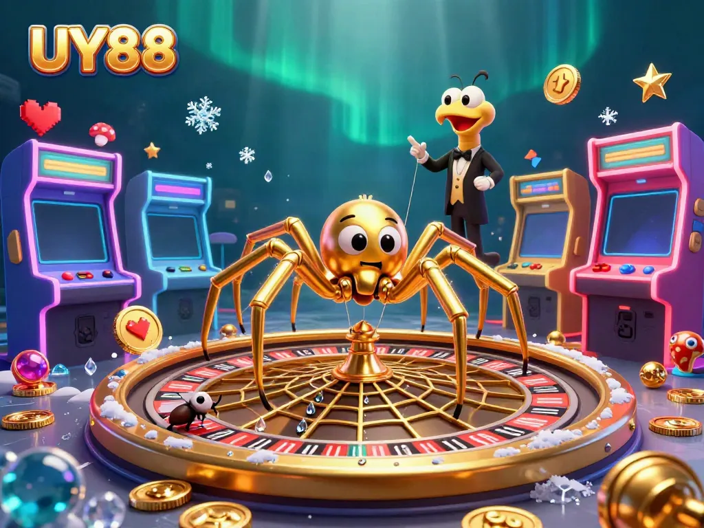 Experience betting excitement at UY88 with a whimsical casino-themed digital illustration.