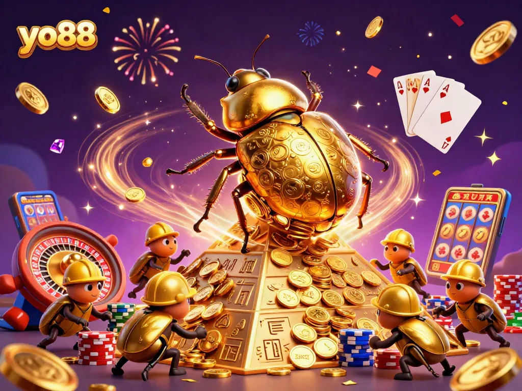 Experience the excitement of yo88 as golden coins cascade around a beetle adventure in this vibrant casino scene.