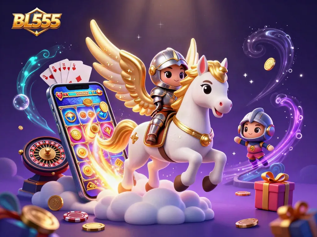 Spin and win with BL555's vibrant gaming scene featuring a charming knight on a celestial horse.