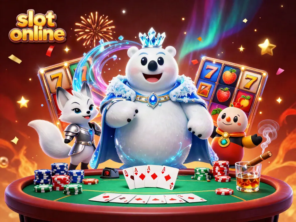 Experience vibrant slot online excitement with a dynamic 3D scene featuring colorful slots, poker elements, and enchanting characters.