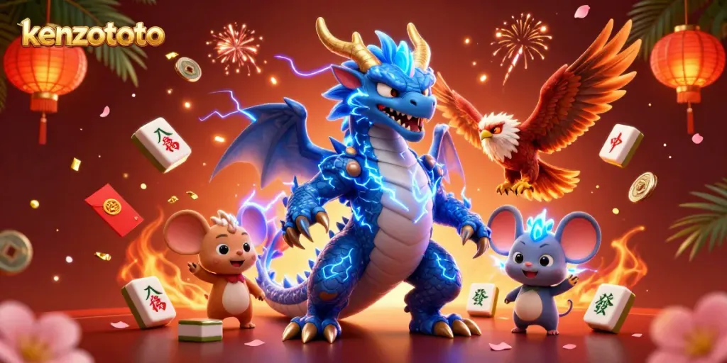 Experience triumphant wins with kenzototo's vibrant arcade game scene featuring a thunder dragon and playful characters.