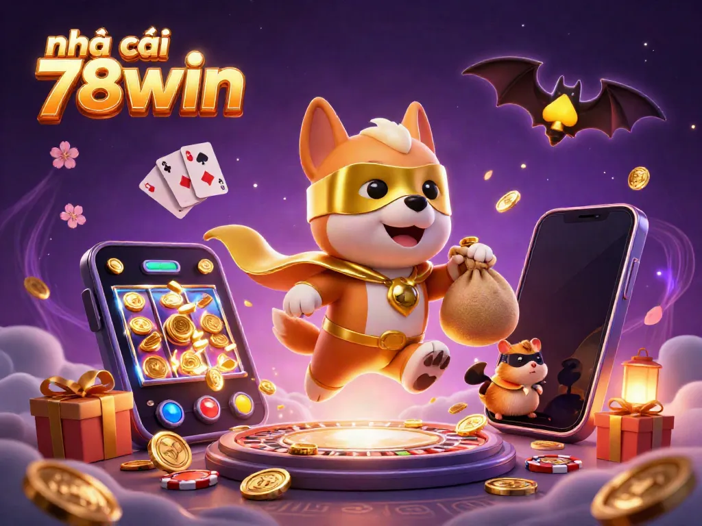 Engaging illustration of nhà cái 78win showcasing a superhero dog and hamster as they venture through a vibrant gambling scene.