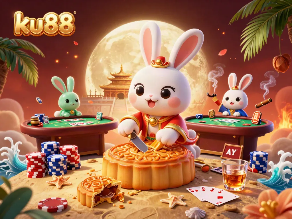 Experience the excitement at ku88, featuring an enchanting moon rabbit surrounded by poker chips.
