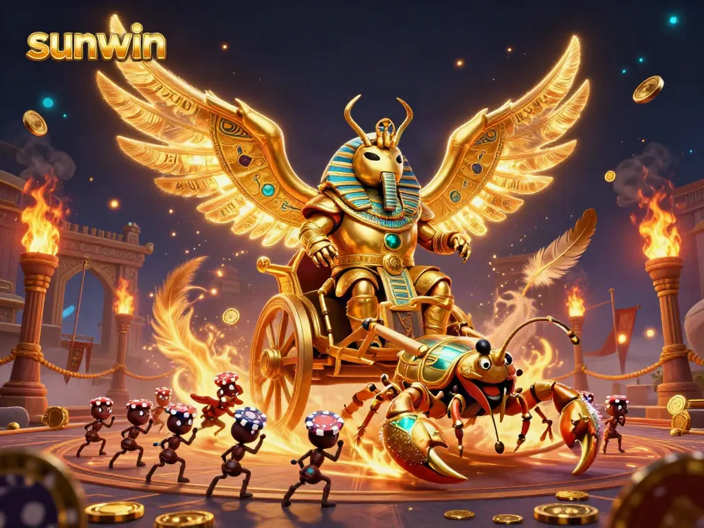Sunwin gaming experience illustrated with a colossal golden scarab and poker chips.