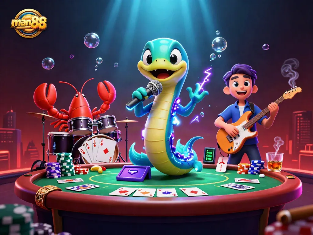Experience man88 in a vibrant underwater casino scene with electric eel DJ and dynamic gaming elements.