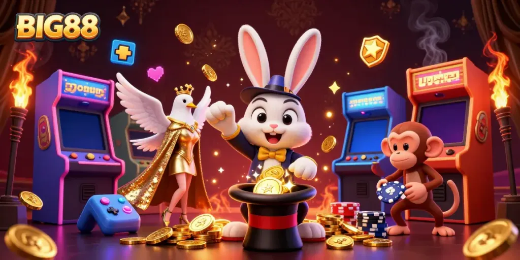 Experience exciting wins at BIG88 with a lively scene featuring a magician rabbit pulling coins, perfect for casino lovers.