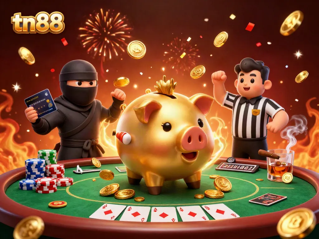 Watch tn88's dynamic casino action featuring a golden piggy bank sumo wrestler amidst a festive poker scene.