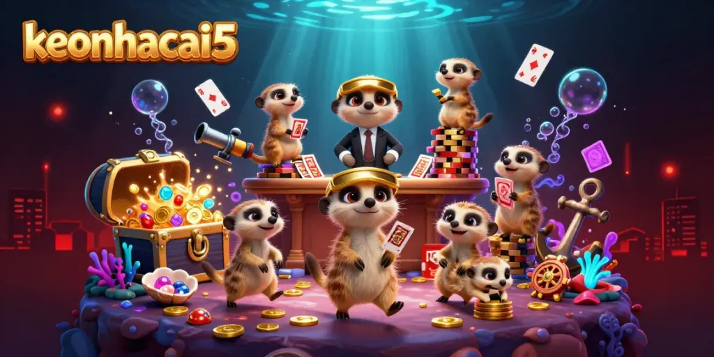 Engage with keonhacai5's vibrant 3D meerkat casino, showcasing exciting betting actions.