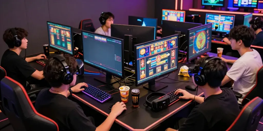 Exciting online gaming atmosphere featuring players engaged in link gacor slot games on multiple screens with vibrant graphics.