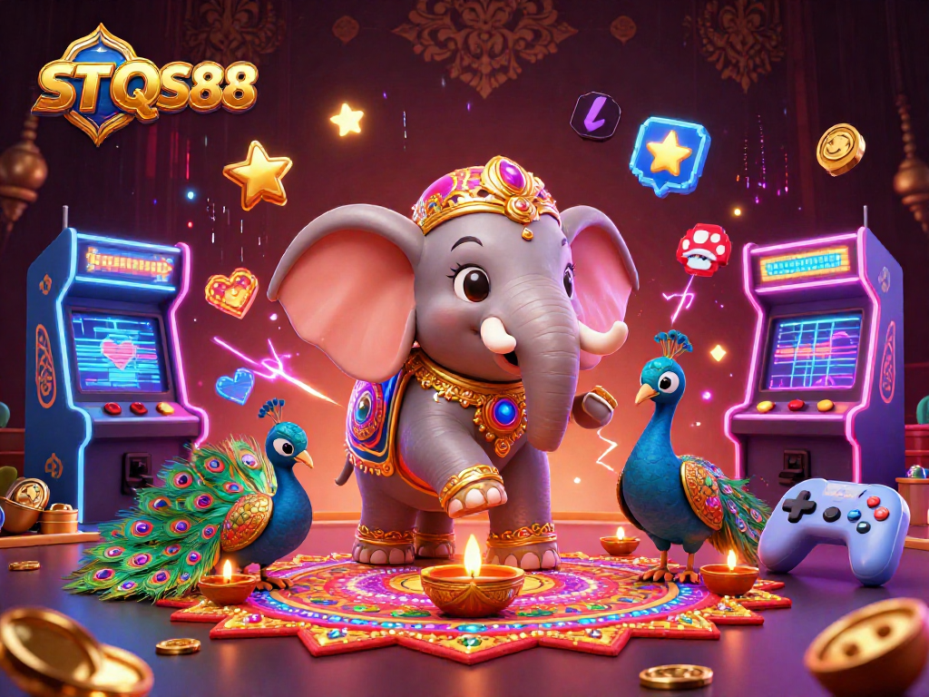 Win big with ST QS88 in a vibrant 3D casino-themed illustration featuring an elephant and peacock.
