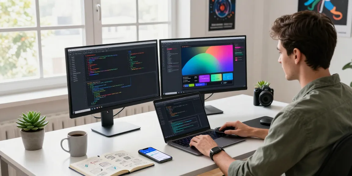 Focused software developer coding at a modern workspace with dual monitors, showcasing crushon ia in action.