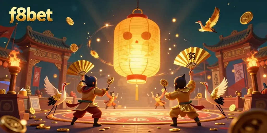 Bet with f8bet at a night market casino featuring a golden lantern spirit and striking warriors.