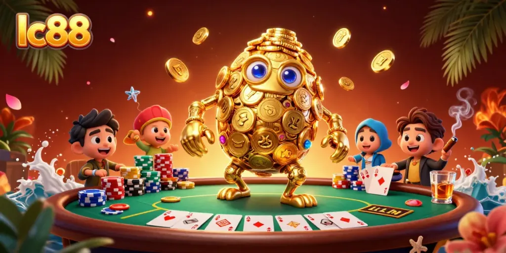 Experience thrilling gaming with lc88's vibrant golem and poker setup in an immersive casino scene.