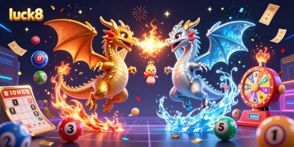 Engage with luck8's vibrant 3D casino scene featuring dragons, lottery elements, and dynamic action.