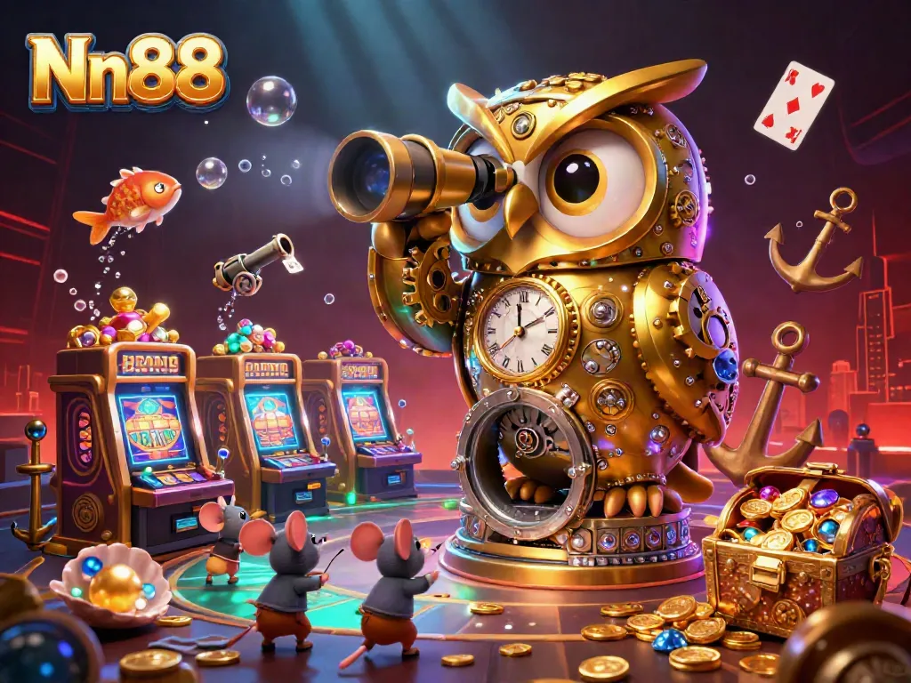 Nn88 showcases a vibrant online casino scene with an owl overseer and whimsical mouse patrons enjoying slot machines.