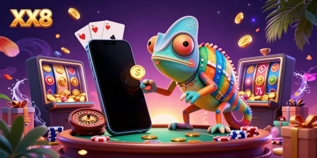 Engage with the colorful XX8 casino scene featuring a chameleon owner and dynamic game elements.