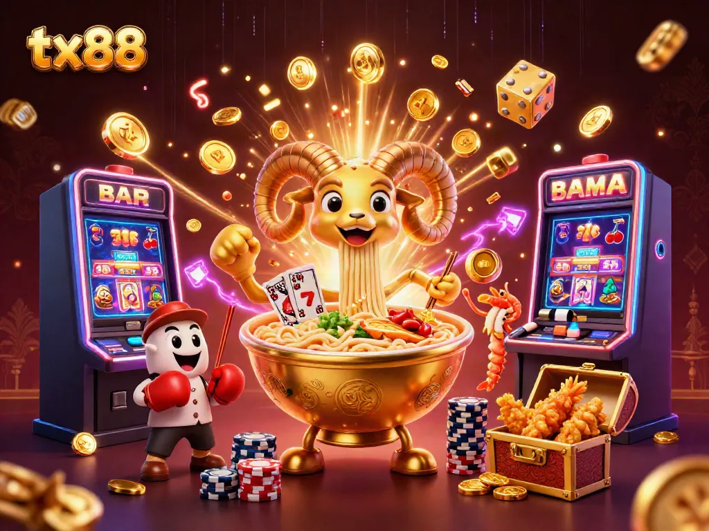 Engage in thrilling gaming at tx88 with giant ramen bowl and vibrant 3D casino elements!