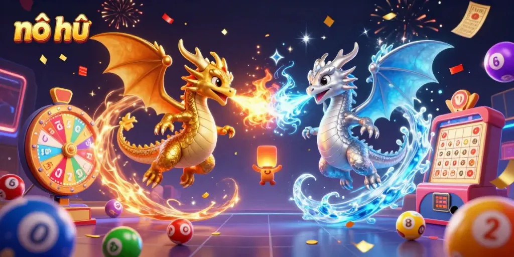 Engage in nổ hũ gaming with dazzling dragons and vibrant lottery elements amidst a festive backdrop.