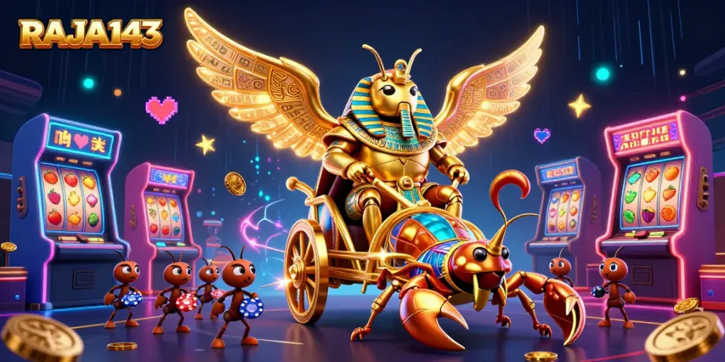 Experience thrilling slots with RAJA143, featuring a majestic scarab beetle and a vibrant casino scene.
