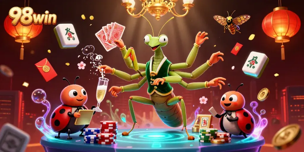 Engage in thrilling gameplay with 98win as a giant praying mantis and ladybug pit boss create a vibrant casino environment.