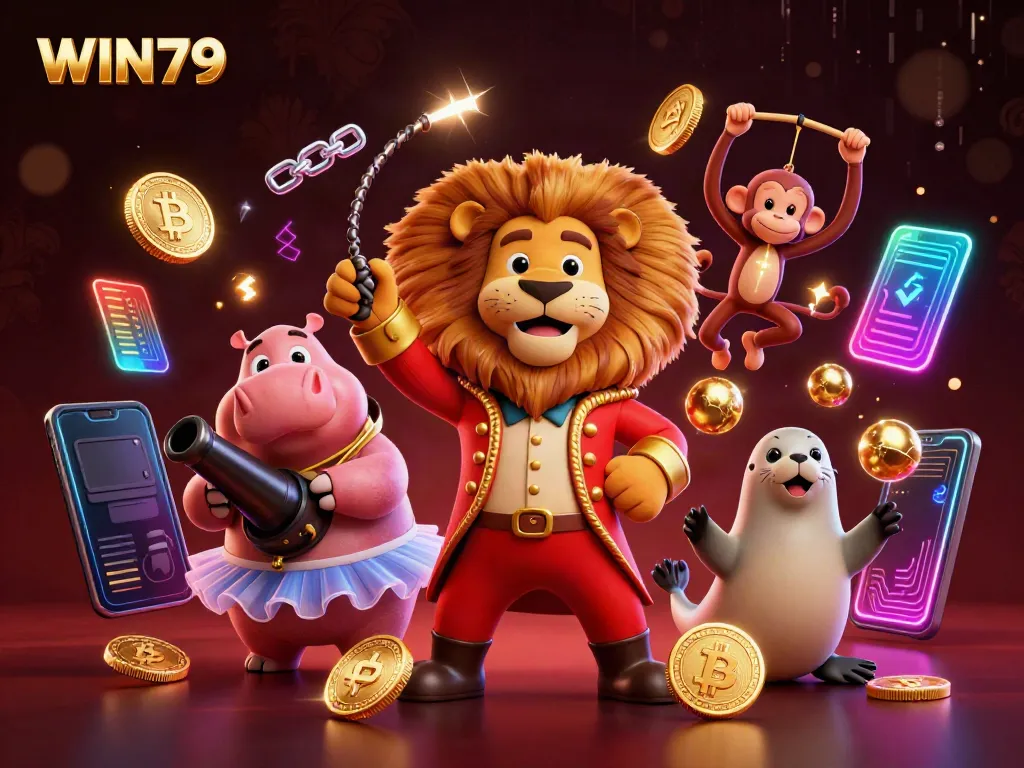 Experience the excitement of WIN79 with vibrant characters and crypto elements in this dynamic casino scene.