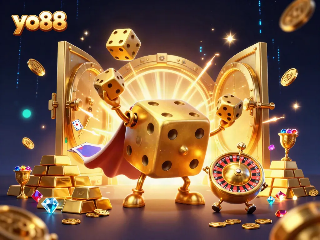 Play thrilling games at yo88, with vibrant and rich casino elements surrounding dynamic characters.