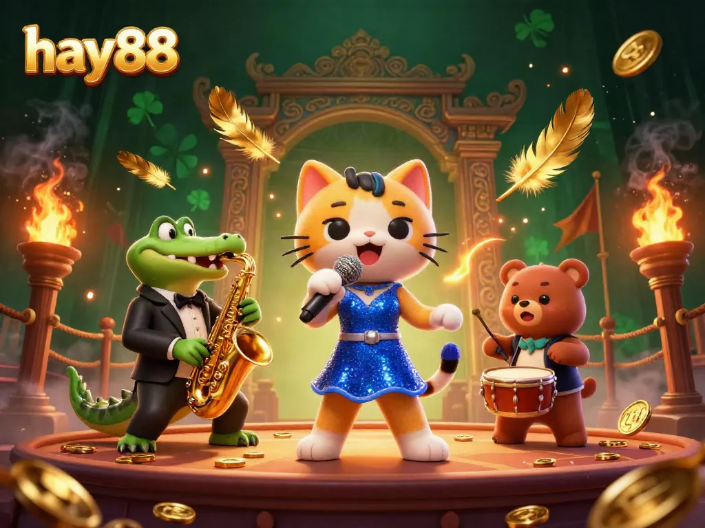 Experience the entertainment of hay88 with a colorful 3D scene featuring a jazz-singer cat, saxophone crocodile, and drum bear in a lively casino.