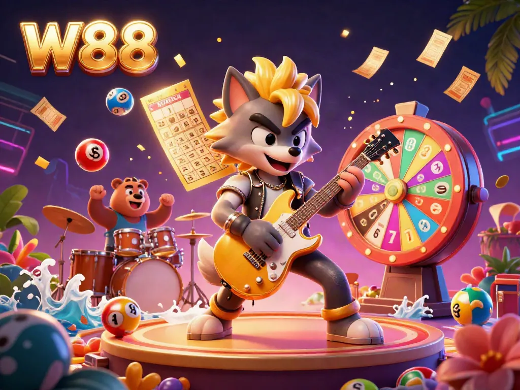 Experience the excitement of W88 with a vibrant casino scene featuring a rock star wolf, drummer bear, and lottery elements.