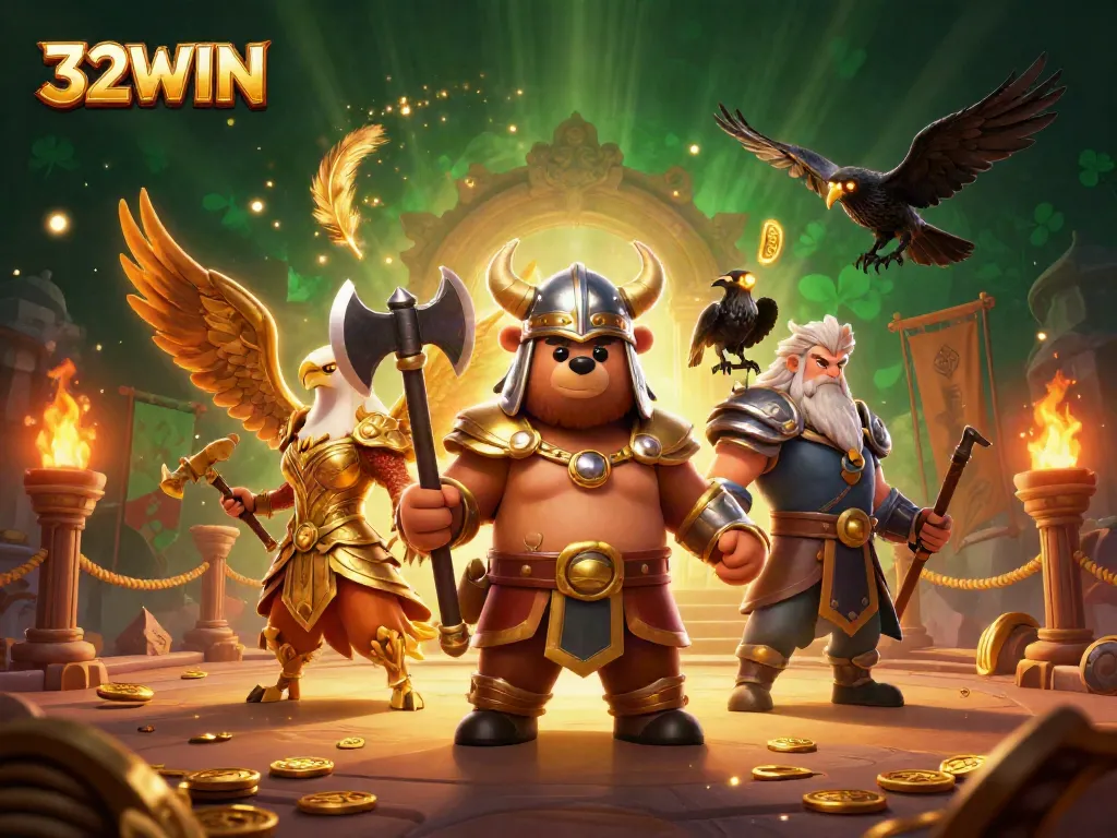 Win big with 32WIN in this dynamic 3D illustration featuring a Viking berserker bear and Valkyrie eagle amidst gold coins and gaming elements.