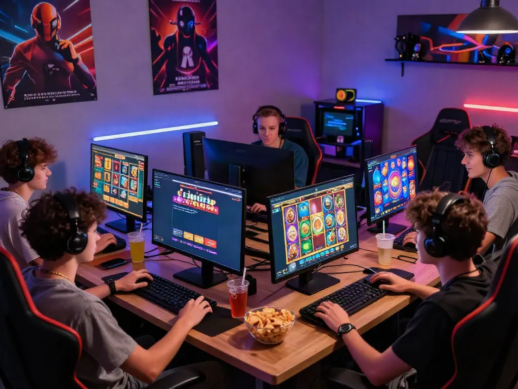 Exciting group gaming experience on the ODDIGO situs slot gacor platform with friends in a vibrant room.