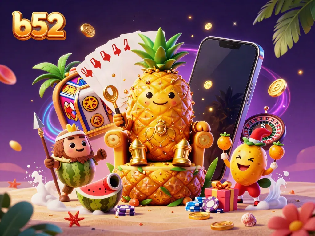 Experience the excitement of b52 casino vibes with a vibrant illustration of a golden pineapple king amidst gambling elements.