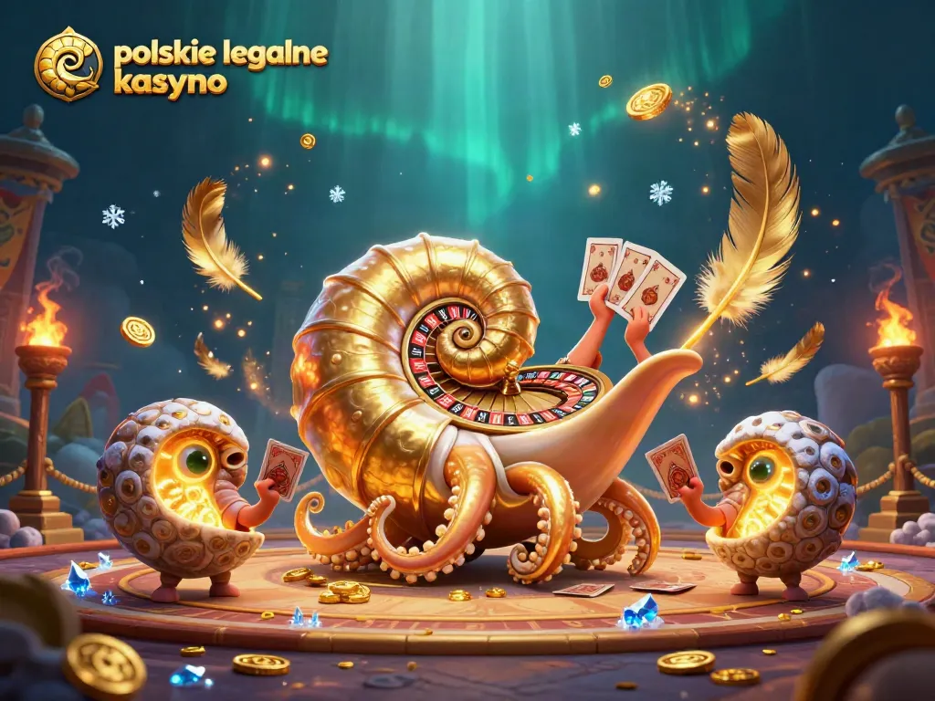 Engage with polskie legalne kasyno in this lively 3D casino scene featuring a golden roulette and vibrant game elements.