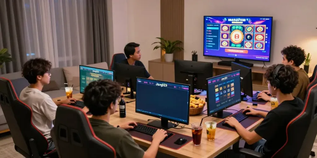 Exciting scene of friends engaging with the janji33 link for online gambling in a lively living room.