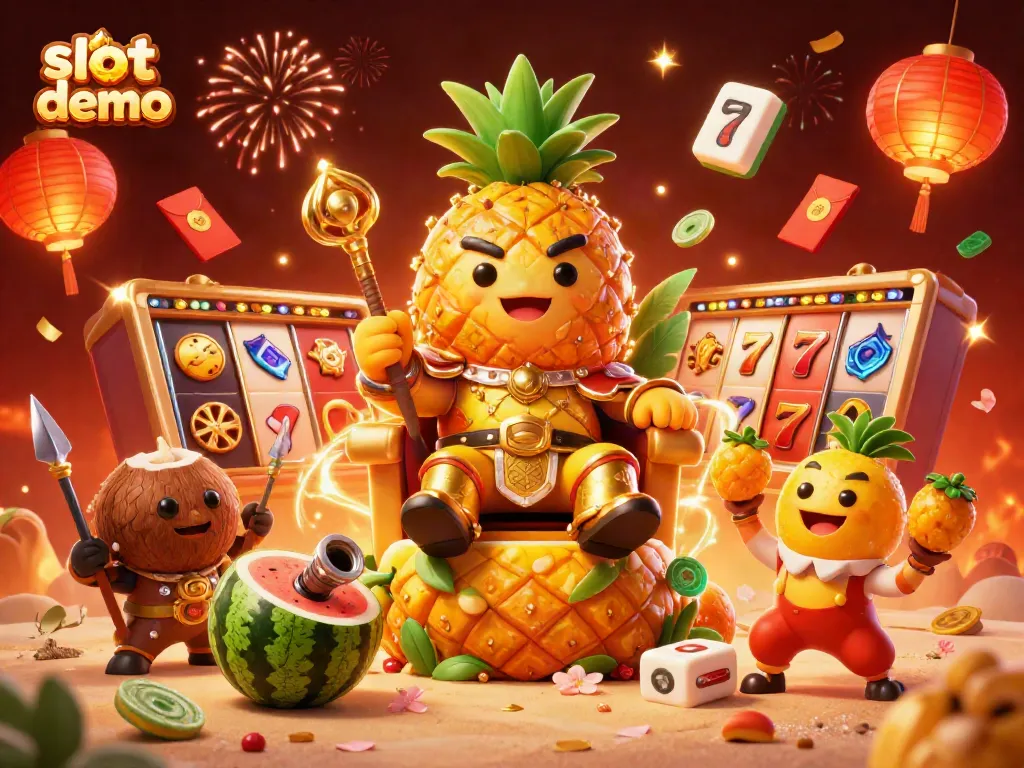 Experience thrilling slot demo adventures with a golden pineapple king and vibrant casino elements.